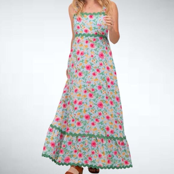 Size S Easel Los Angeles Blue Floral Contrast Wavy Trim Maxi Dress - Picture 1 of 8